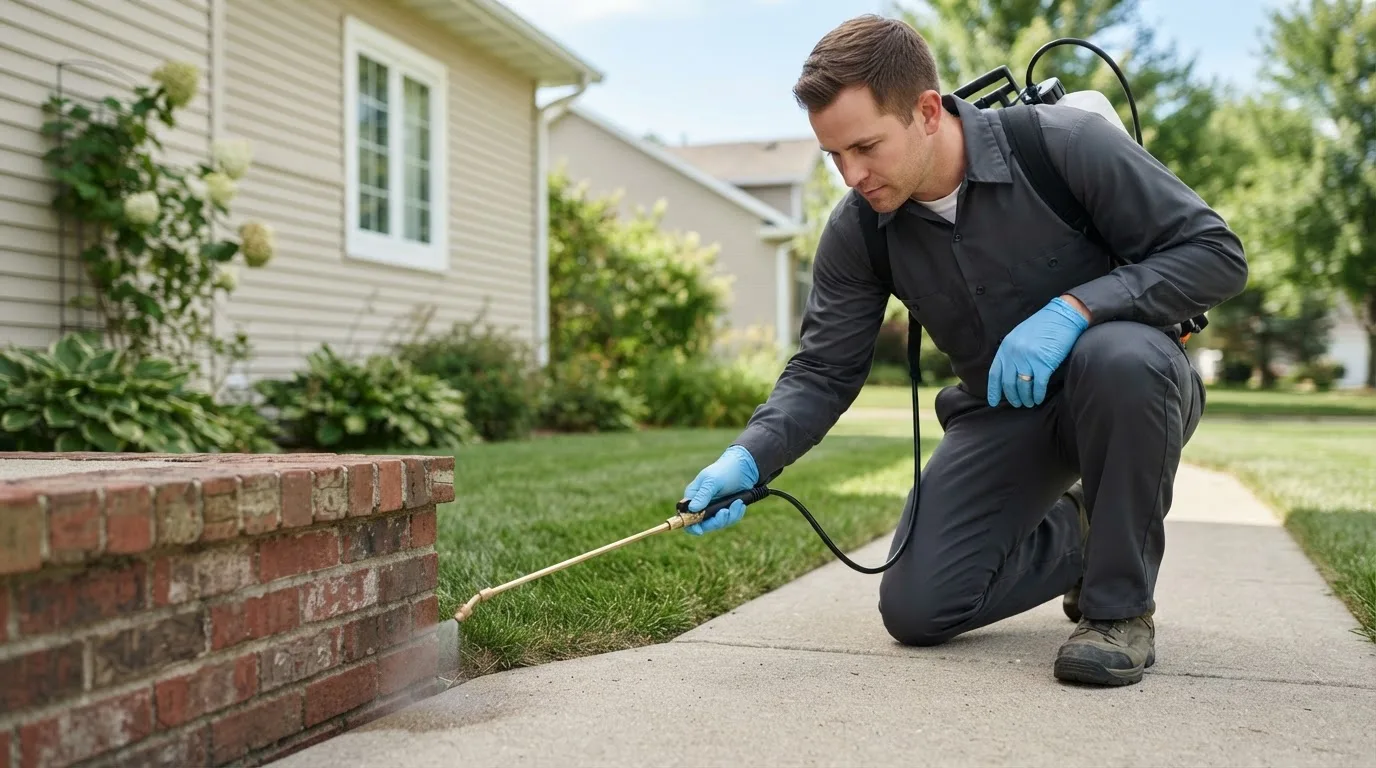 Pest control technician treating a home near Mount Pleasant, IA