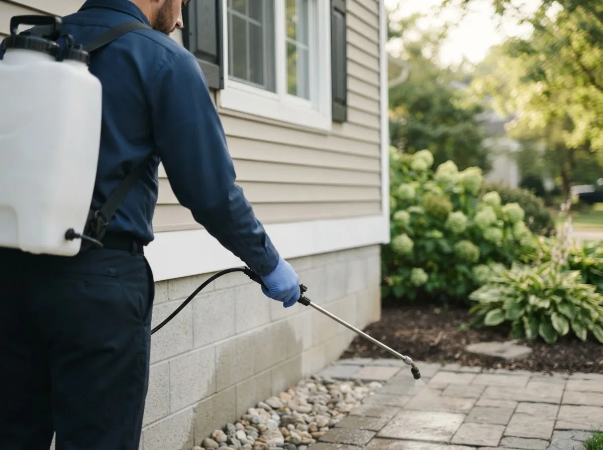 Pest control technician inspecting a home in Mount Pleasant, IA
